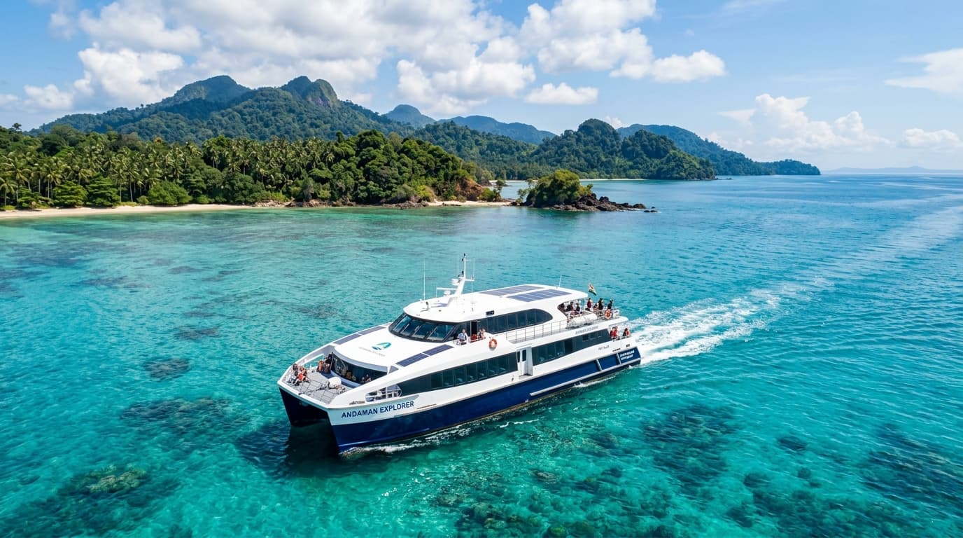 Passenger catamaran ferry cruise sailing in turquoise Andaman waters